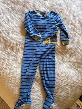 Blue Striped  Footed Pajamas with Yellow Truck
